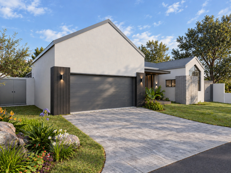 Modern front elevation featuring a double garage, paved driveway, and landscaped garden with contemporary architectural finishes.
