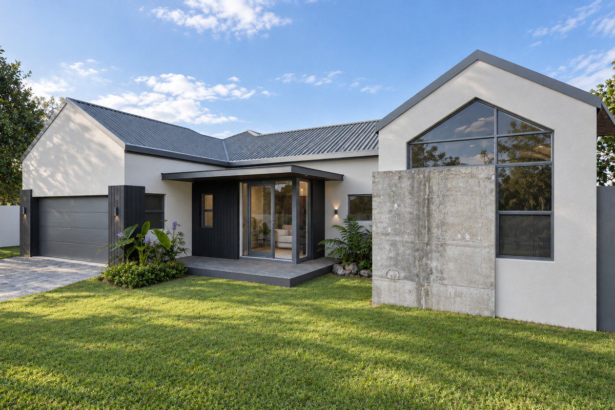 Modern single-story home featuring a striking concrete accent wall, metal roof, double garage, and a well-maintained front lawn.