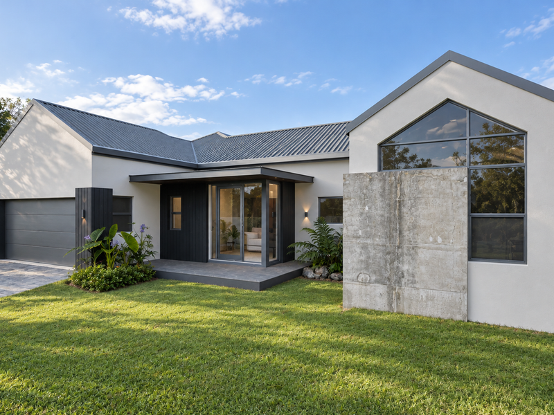 Modern single-story home featuring a striking concrete accent wall, metal roof, double garage, and a well-maintained front lawn.