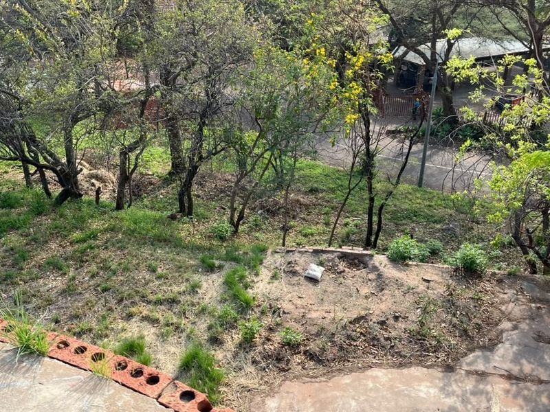 An elevated view of a sloped residential garden area featuring mature trees, a concrete paved section, and a low brick retaining wall.
