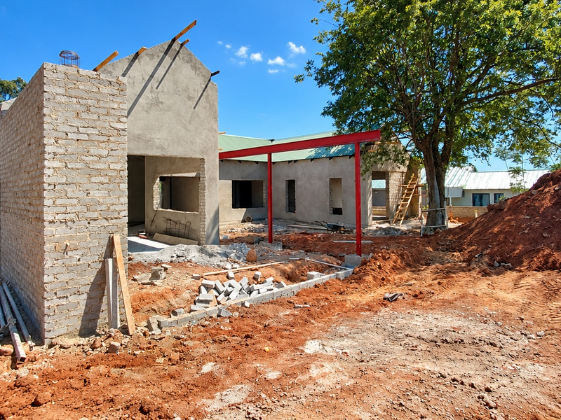 A rear view of a residential property currently under construction, featuring exposed brickwork, steel structural supports, and an unfinished site.