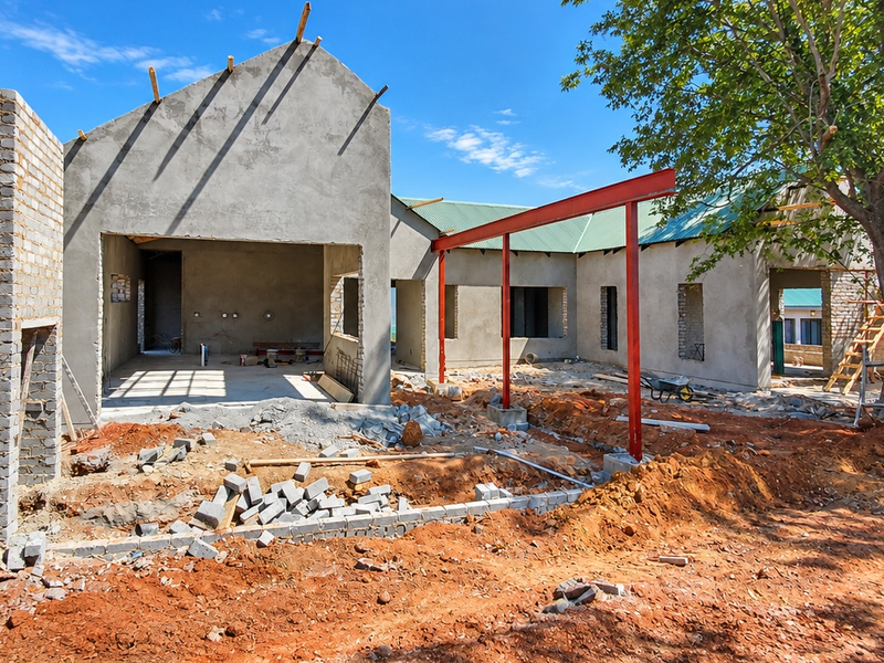 A rear view of a residential property currently under construction, featuring exposed brickwork, steel structural beams, and an unfinished exterior shell.