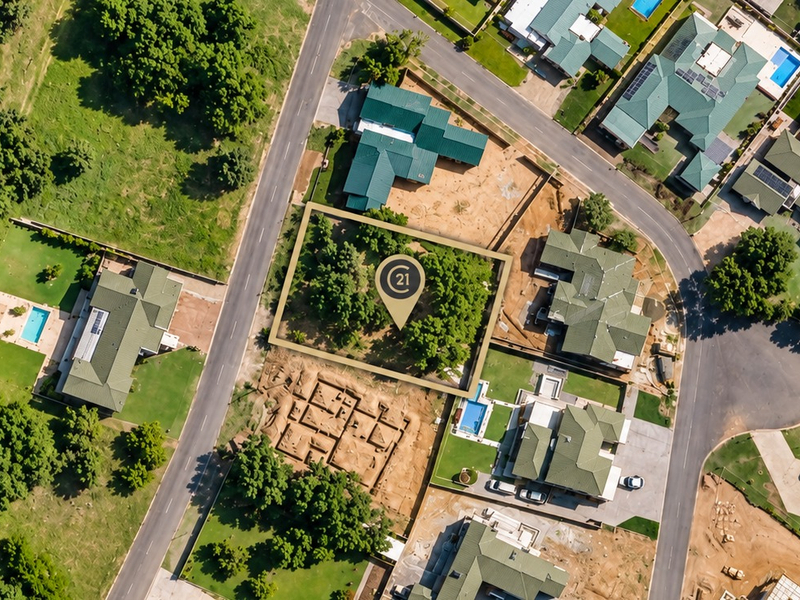 An aerial view of a vacant residential plot situated within a developed suburban estate, featuring established trees and clear boundary lines.