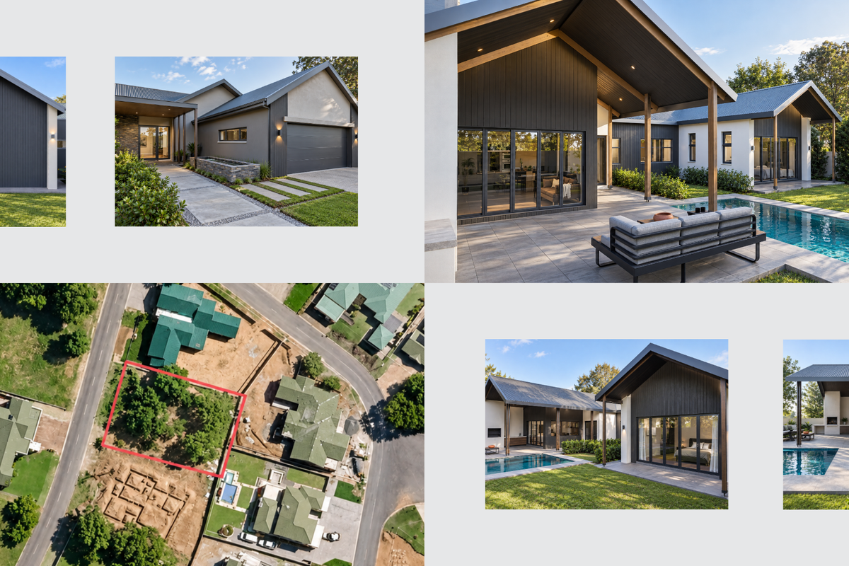 A modern residential exterior featuring a covered patio, swimming pool, and contemporary architectural design with dark cladding and large glass sliding doors.
