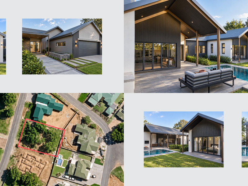 A modern residential exterior featuring a covered patio, swimming pool, and contemporary architectural design with dark cladding and large glass sliding doors.