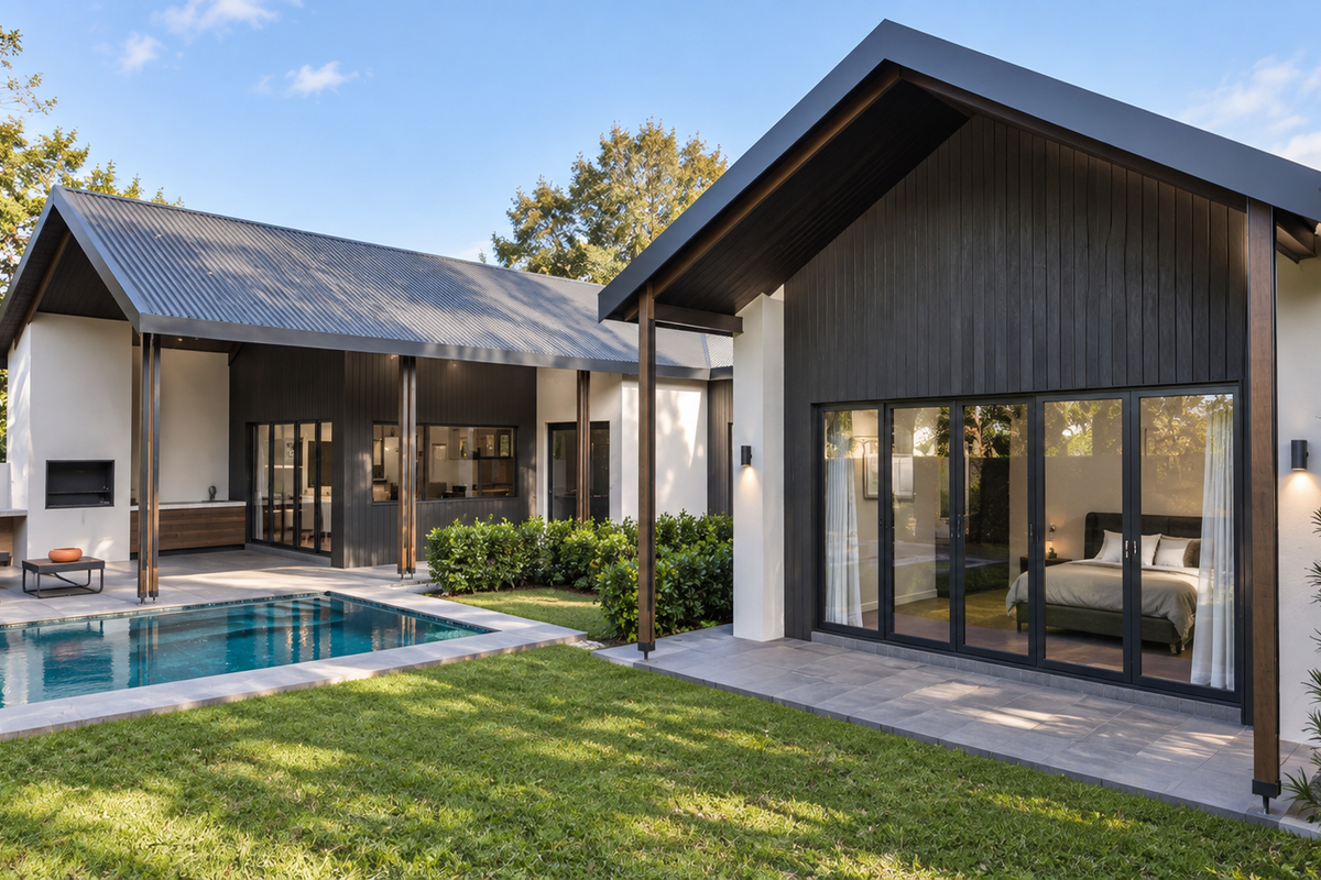 Modern rear exterior featuring a swimming pool, tiled patio, built-in braai, and large bi-fold doors connecting the indoor and outdoor living spaces.