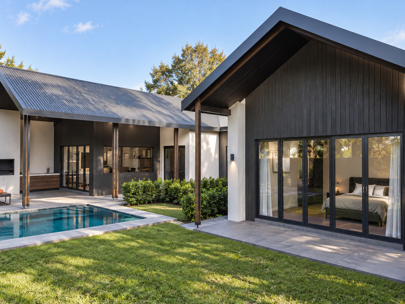 Modern rear exterior featuring a swimming pool, tiled patio, built-in braai, and large bi-fold doors connecting the indoor and outdoor living spaces.