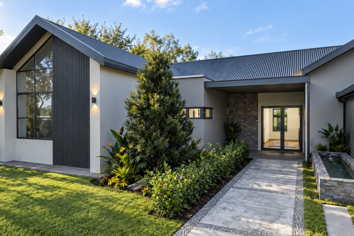 Modern architectural front facade featuring a pitched roof, stone cladding accents, a landscaped garden, and a stone-finished water feature along the entrance walkway.