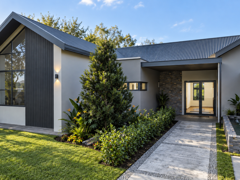 Modern architectural front facade featuring a pitched roof, stone cladding accents, a landscaped garden, and a stone-finished water feature along the entrance walkway.