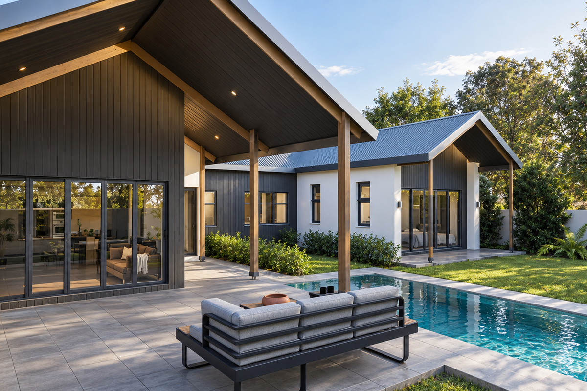 A modern rear exterior featuring a tiled patio, swimming pool, and striking timber-clad gable roof architecture with expansive bi-fold glass doors.