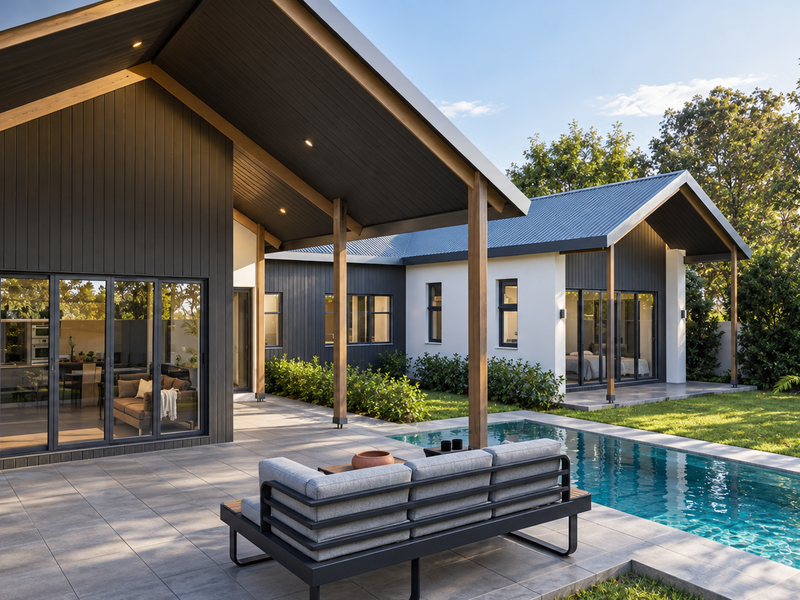 A modern rear exterior featuring a tiled patio, swimming pool, and striking timber-clad gable roof architecture with expansive bi-fold glass doors.