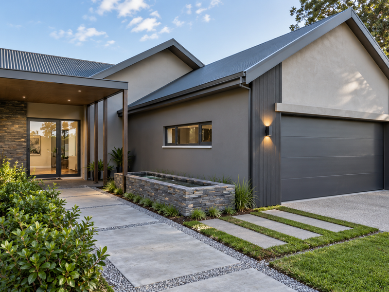 Modern front facade featuring a metal roof, stone cladding accents, a double garage, and a landscaped entrance with a built-in water feature.