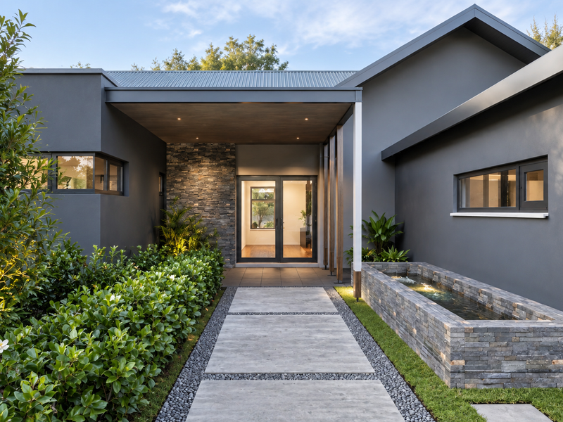 Modern front entrance featuring a stone-clad water feature, concrete paver walkway, and contemporary dark grey facade with recessed lighting.