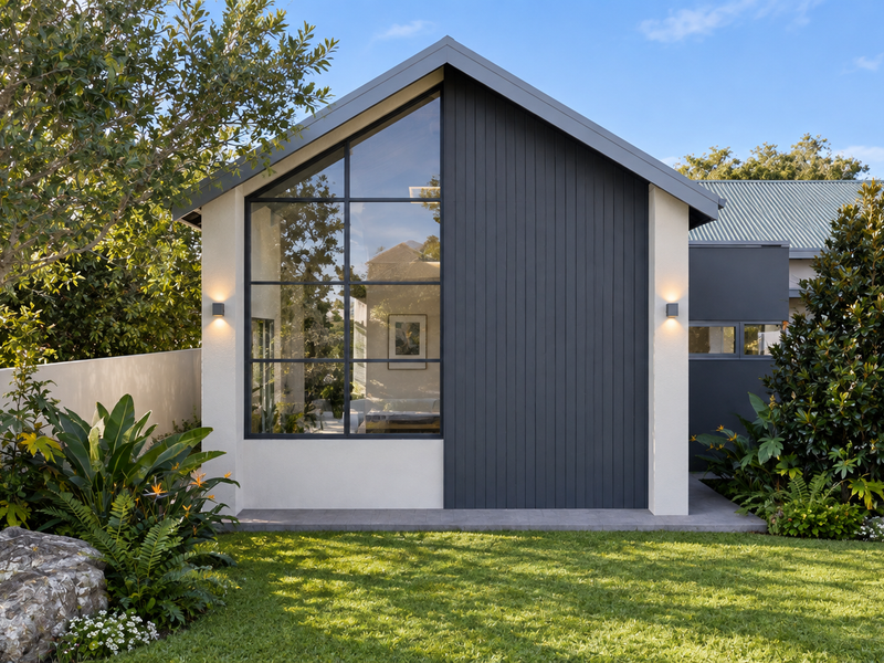 Modern rear facade featuring a striking floor-to-ceiling window, vertical timber cladding, and a well-maintained garden with a paved patio area.