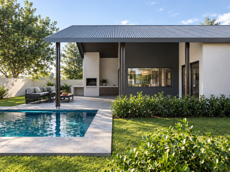 A modern rear exterior featuring a swimming pool, covered patio with a built-in fireplace, and well-maintained landscaped garden.