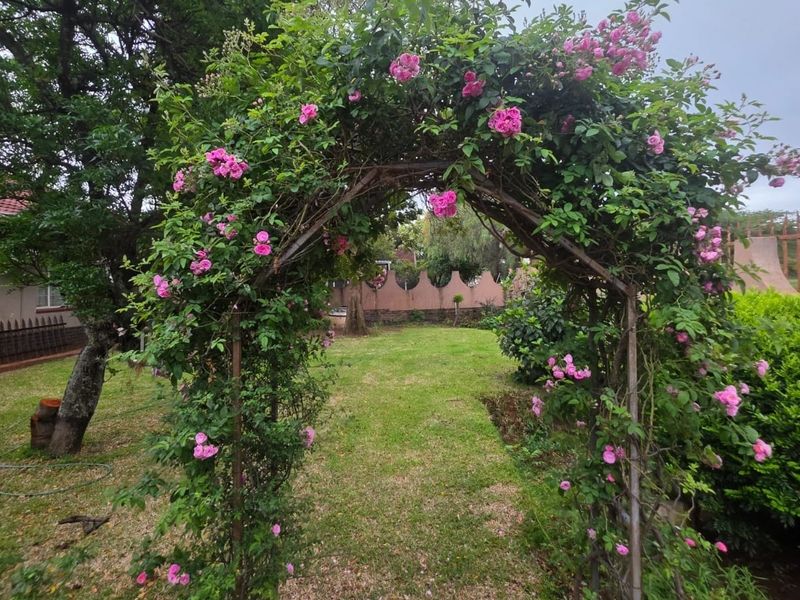 A well-maintained garden featuring a decorative rose-covered archway, lush lawn, and established perimeter walling.