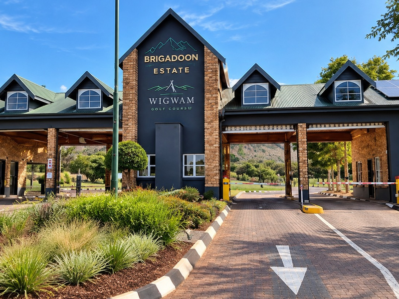 The main entrance gatehouse of Brigadoon Estate, featuring stone cladding, a paved driveway, and security boom gates.