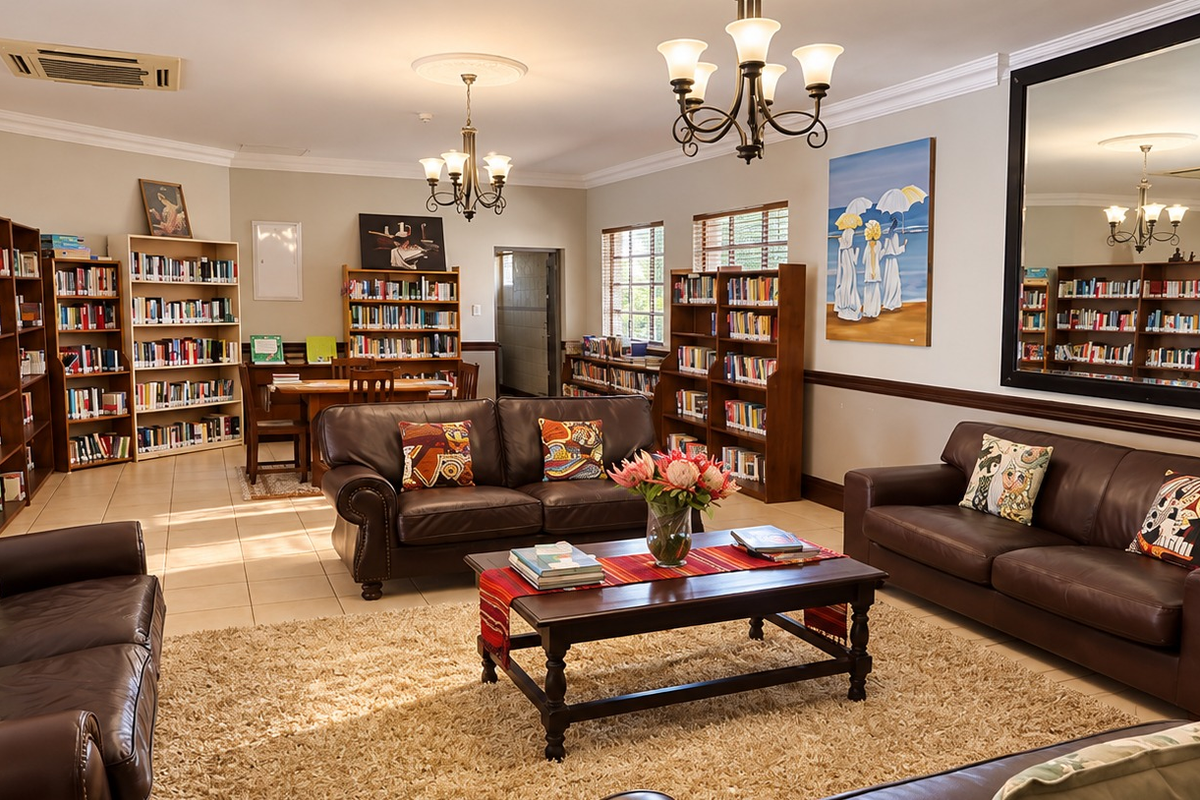 Spacious living area featuring built-in bookshelves, elegant chandeliers, crown molding, and large wall mirrors, creating a comfortable and well-maintained communal space.
