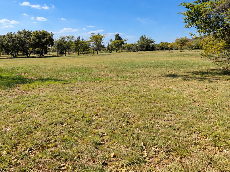 A wide, open grassy plot featuring mature trees and natural landscaping, suitable for residential development.