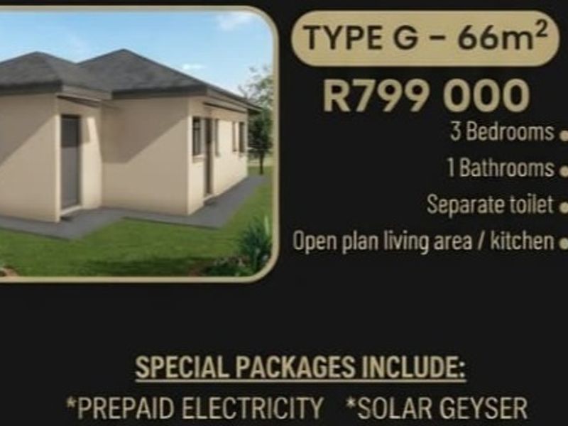 A digital rendering of a Type G residential house featuring three bedrooms, one bathroom, and an open-plan living area and kitchen.