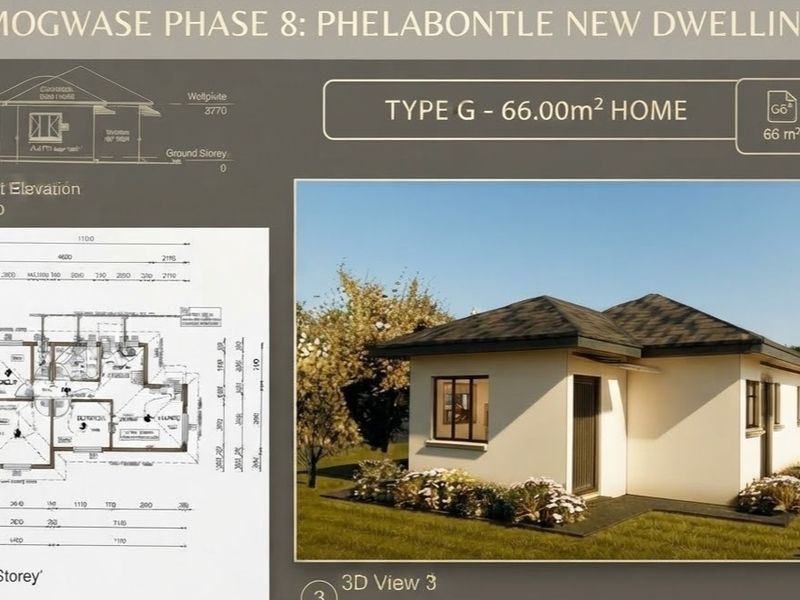 Architectural presentation board for Type G 66sqm home, featuring a floor plan, front elevation, and 3D exterior rendering of the dwelling.