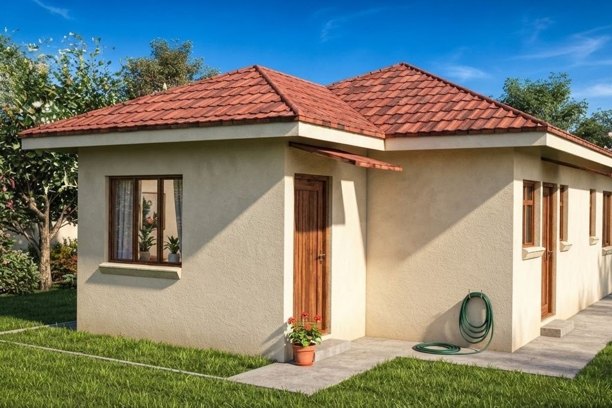 A well-maintained single-story house exterior featuring a tiled roof, rendered walls, and timber-framed windows, set within a landscaped garden.