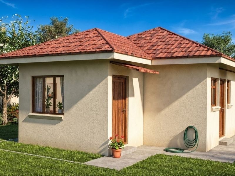 A well-maintained single-story house exterior featuring a tiled roof, rendered walls, and timber-framed windows, set within a landscaped garden.