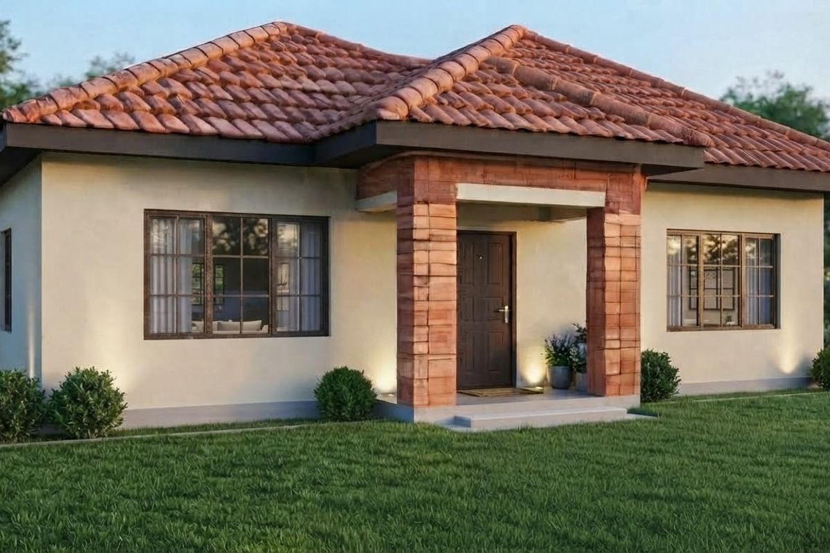 A charming single-story house featuring a terracotta tiled roof, brick-clad entrance pillars, and a well-maintained front lawn.