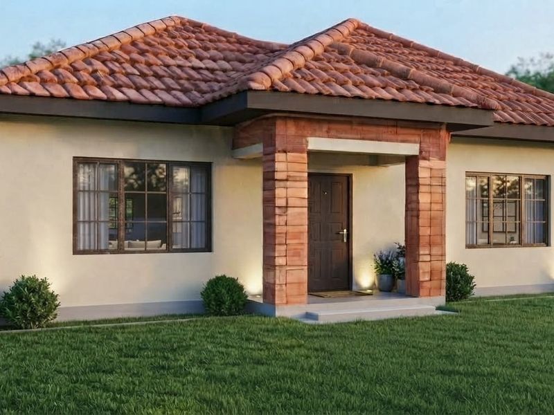 A charming single-story house featuring a terracotta tiled roof, brick-clad entrance pillars, and a well-maintained front lawn.