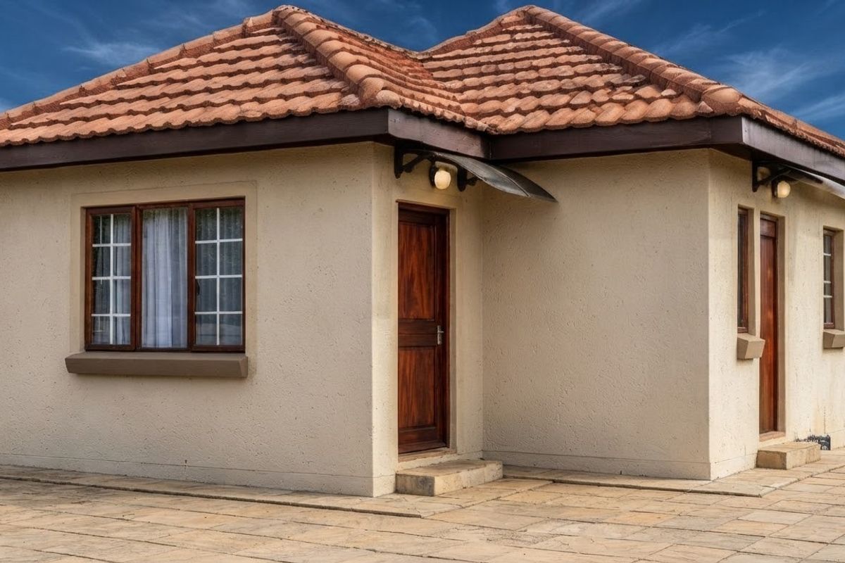 A well-maintained exterior view of a house featuring a terracotta tiled roof, stucco walls, and wooden doors with paved patio access.