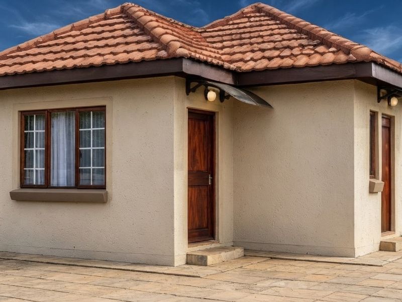 A well-maintained exterior view of a house featuring a terracotta tiled roof, stucco walls, and wooden doors with paved patio access.