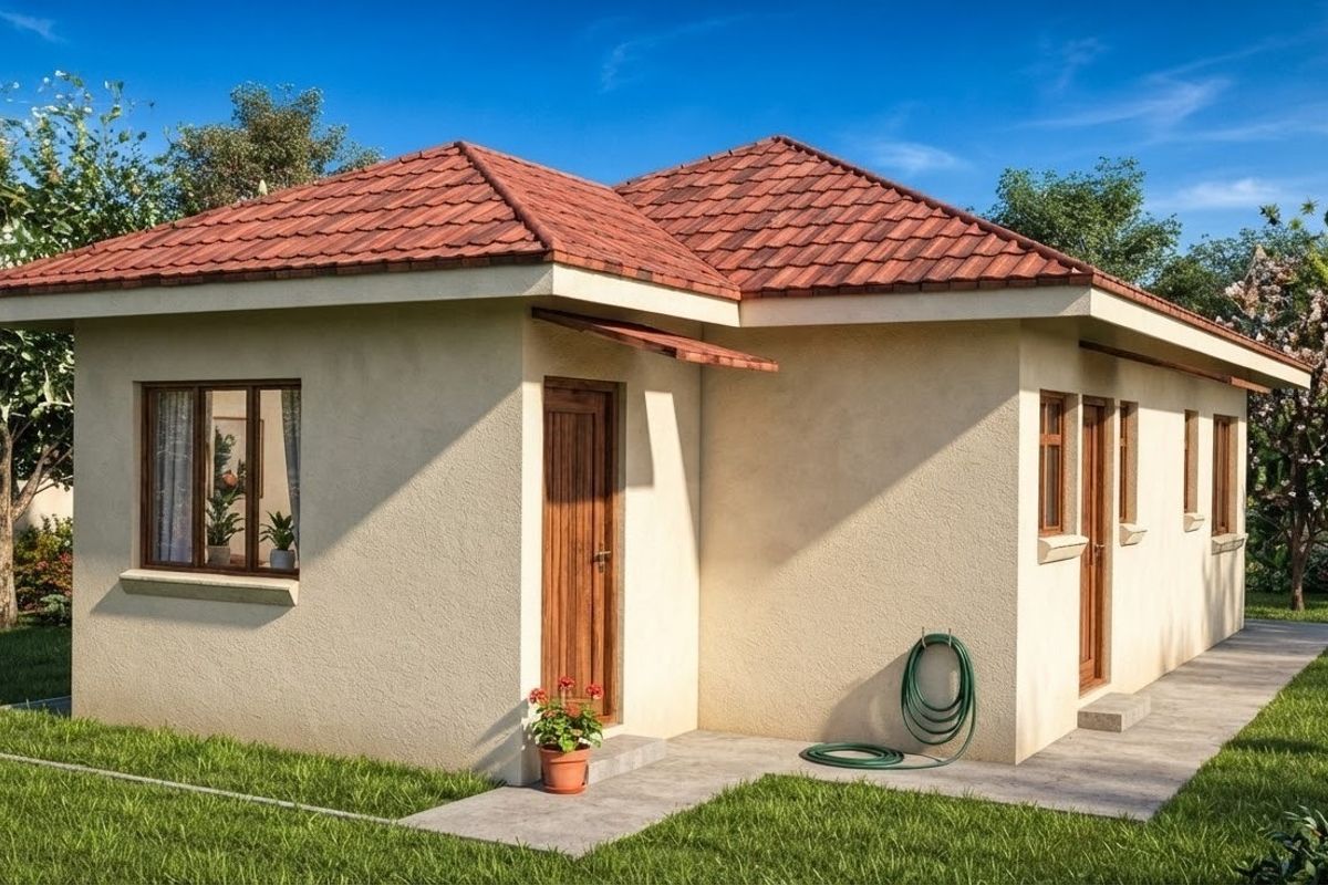 A well-maintained single-story house exterior featuring a tiled roof, stucco walls, and timber window and door frames set within a landscaped garden.