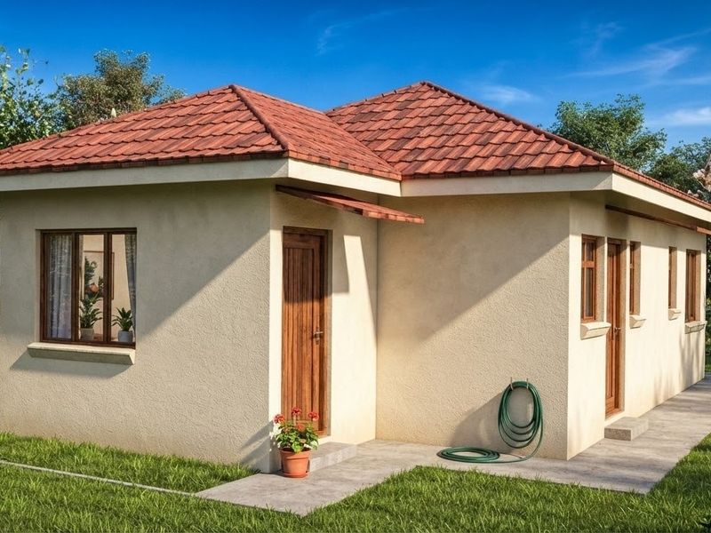 A well-maintained single-story house exterior featuring a tiled roof, stucco walls, and timber window and door frames set within a landscaped garden.