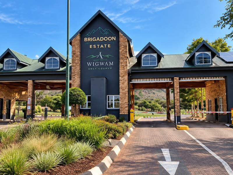 The main entrance gatehouse of Brigadoon Estate, featuring stone masonry, gabled roof architecture, and a secure access-controlled driveway.
