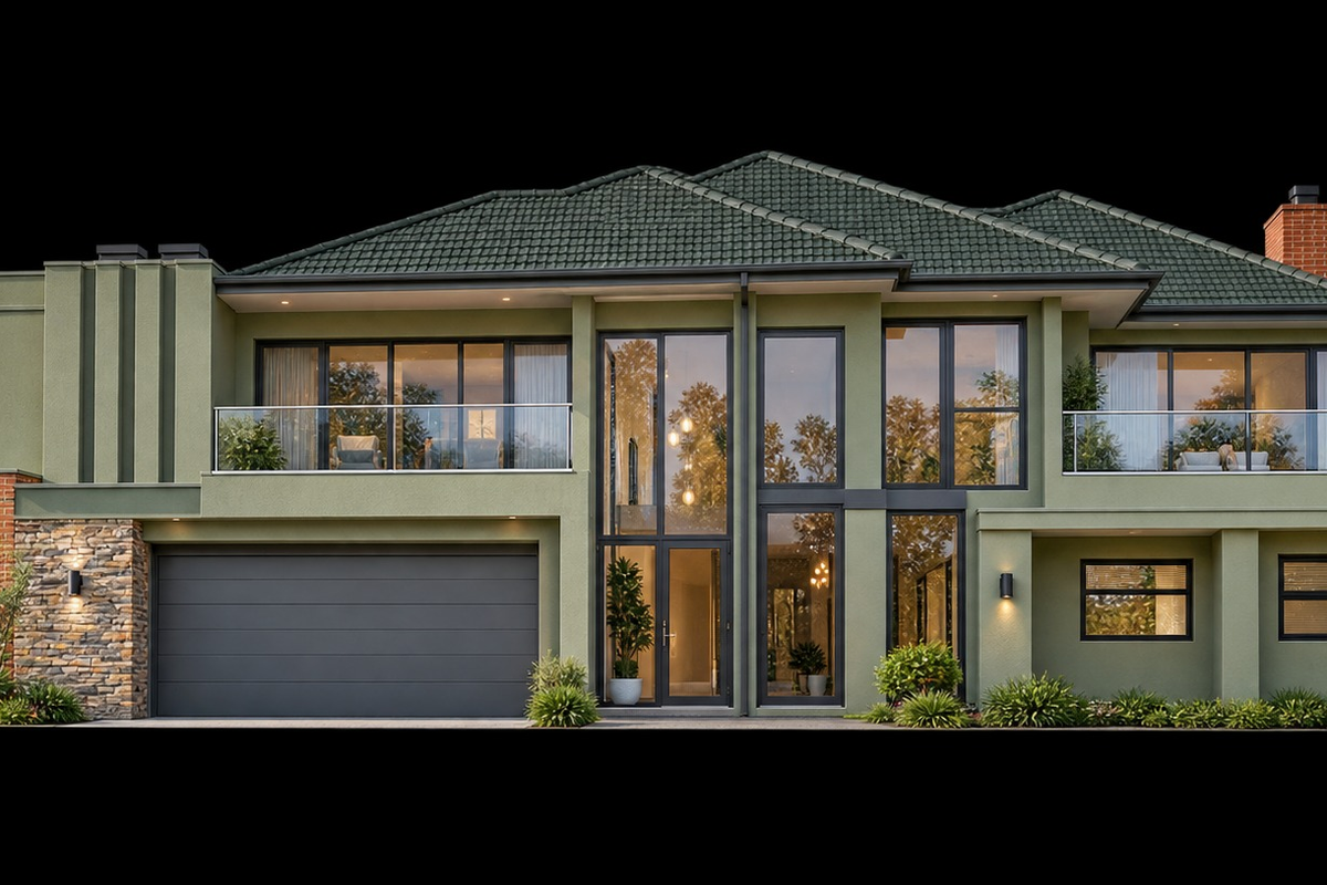 A modern two-story residence featuring a tiled roof, stone-clad accents, expansive glass windows, and integrated double garage.