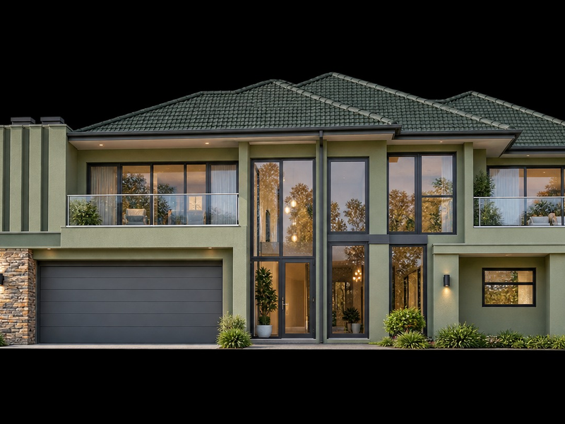 A modern two-story residence featuring a tiled roof, stone-clad accents, expansive glass windows, and integrated double garage.