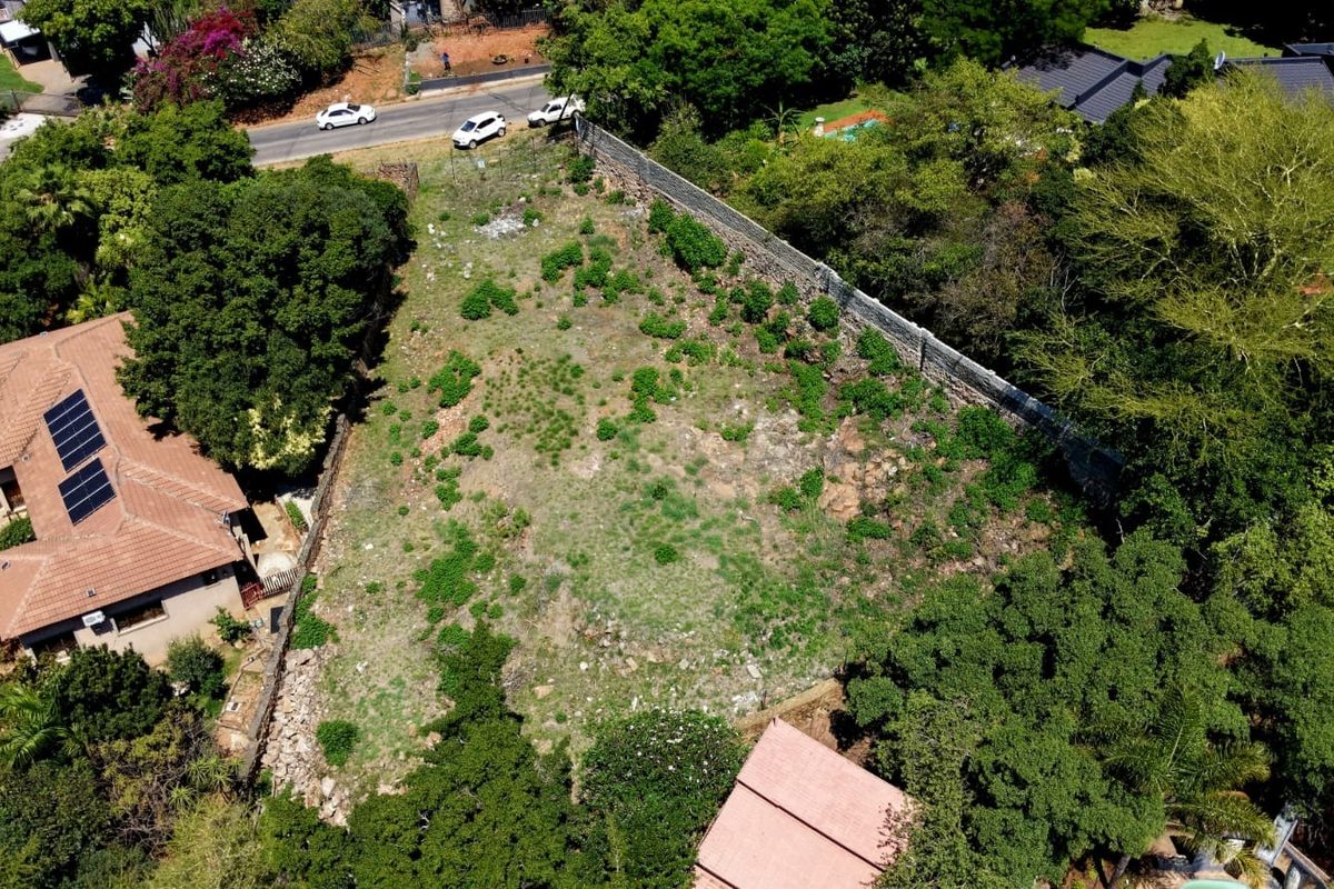 Aerial view of a vacant residential plot featuring established trees and a perimeter boundary wall in a suburban setting.
