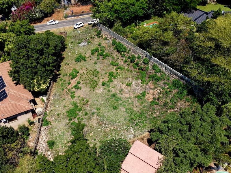 Aerial view of a vacant residential plot featuring established trees and a perimeter boundary wall in a suburban setting.