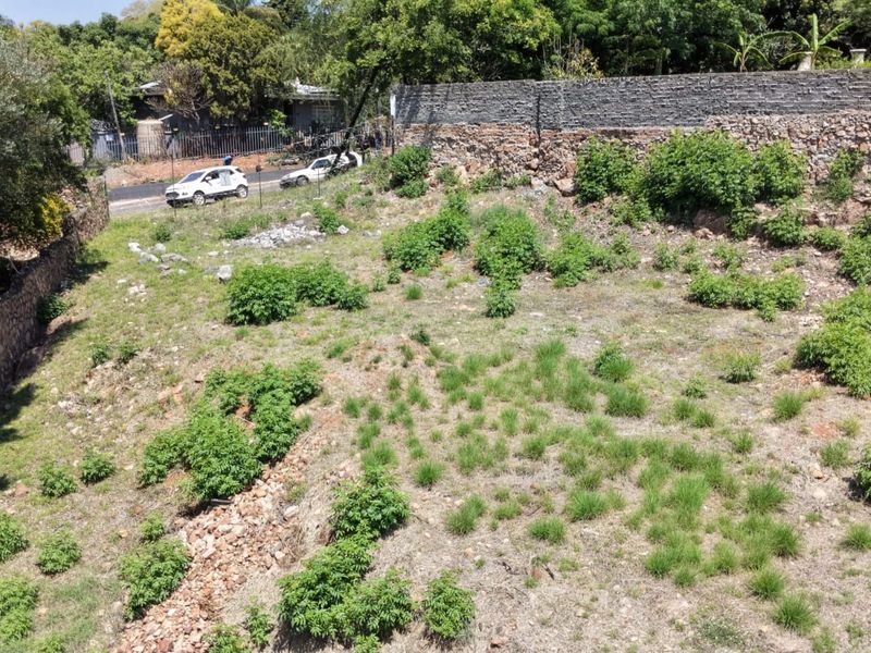 A vacant residential plot featuring natural terrain, established stone boundary walls, and mature surrounding greenery.