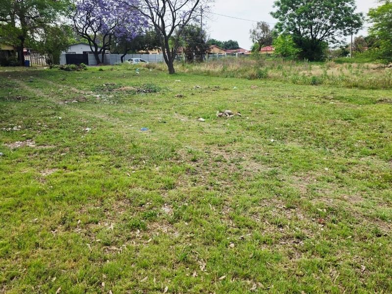 A view of a vacant residential plot featuring a grass lawn and mature trees, offering potential for future development.