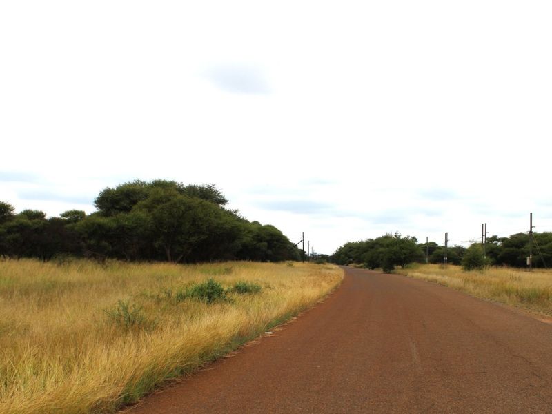 A view of the asphalt road leading towards the vacant residential land, featuring surrounding natural vegetation and overhead power lines.