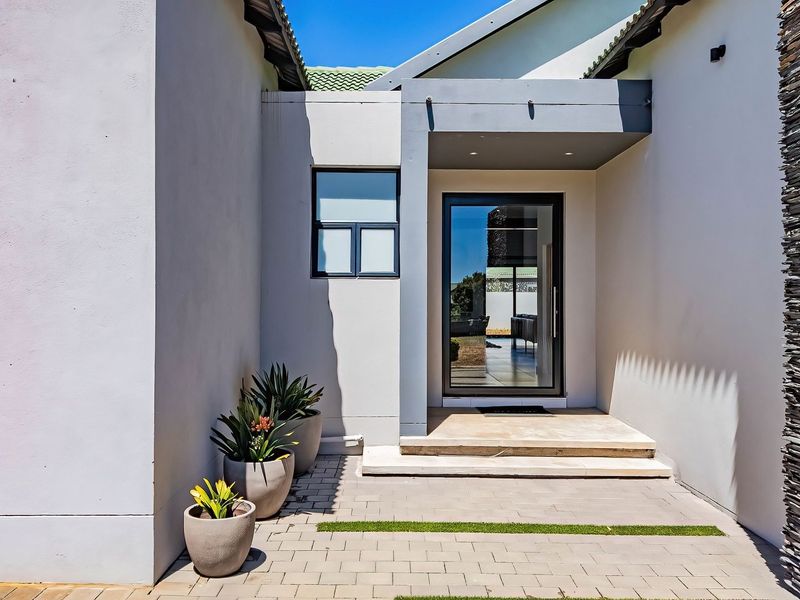 Modern front entrance featuring a glass door, stone cladding accents, and a clean paved walkway leading to the main house entry.