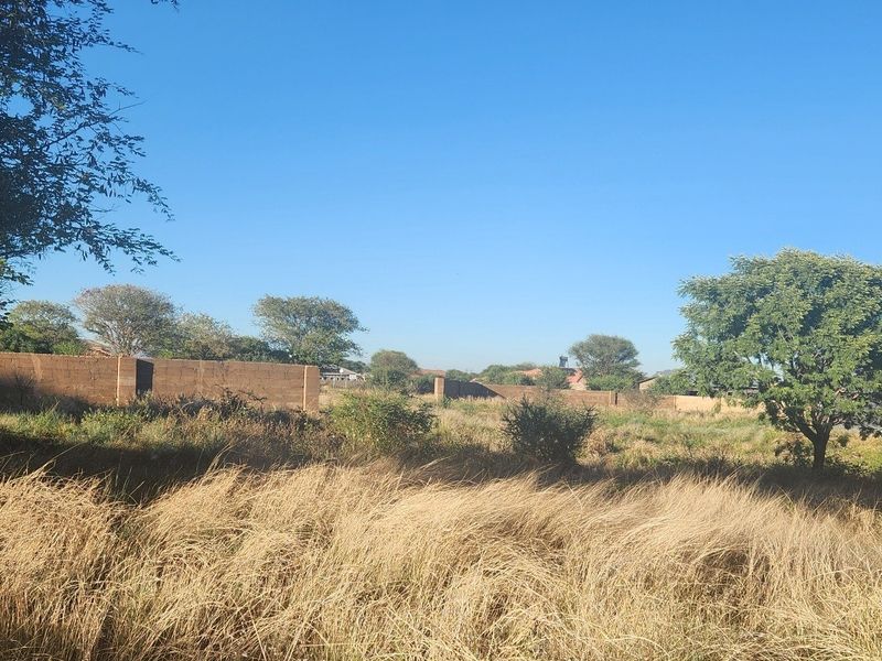 A vacant commercial land plot featuring a perimeter wall and established trees, currently covered in dry, overgrown grass.