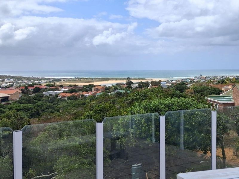 Elevated coastal view overlooking the surrounding neighborhood, lush greenery, and the distant ocean coastline from a paved terrace with a modern glass balustrade.