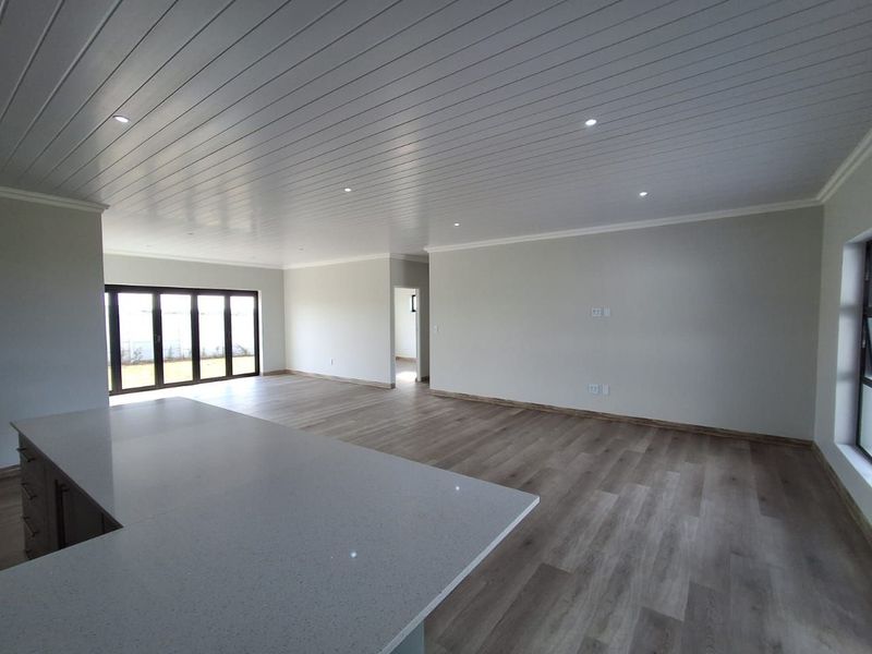 Spacious open-plan living area featuring modern laminate flooring, a sleek tongue and groove ceiling with recessed lighting, and large aluminium stacker doors.