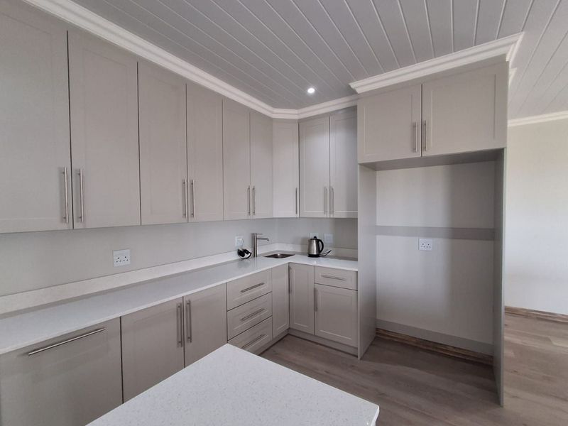 Modern kitchen featuring light grey cabinetry, stone countertops, an undermount sink, and a distinctive tongue and groove ceiling finish.