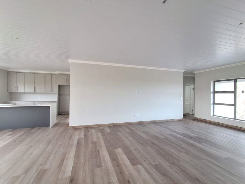 Spacious open-plan living area featuring modern laminate flooring, recessed lighting, and a contemporary kitchen with built-in cabinetry and a central island.
