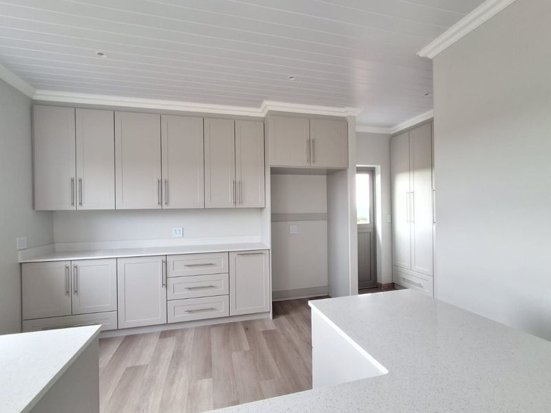 A modern, clean-lined kitchen featuring neutral shaker-style cabinetry, quartz countertops, and light wood-look laminate flooring with a bright, contemporary finish.