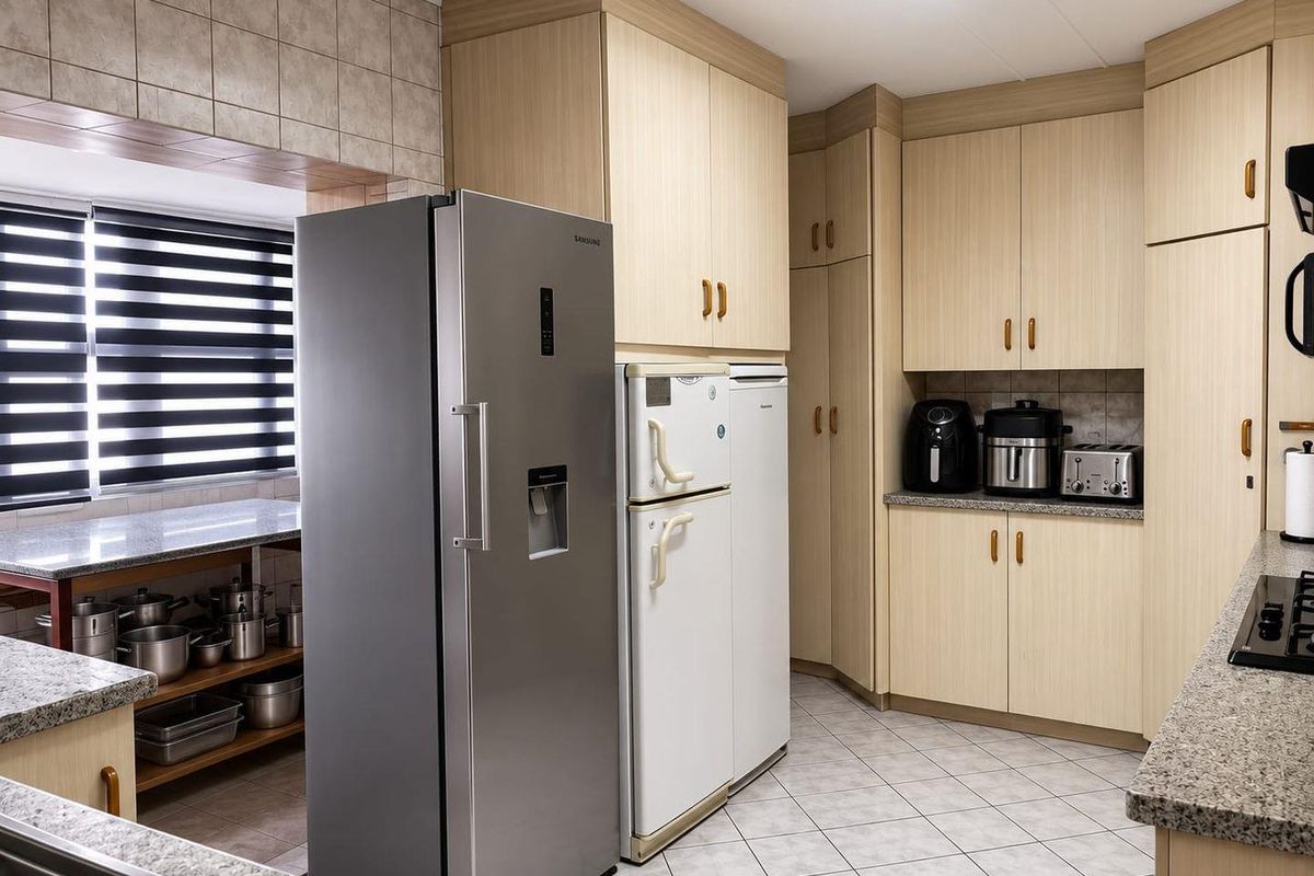 A functional kitchen featuring light wood-tone cabinetry, granite countertops, tiled flooring, and a tiled backsplash, offering ample storage and workspace.