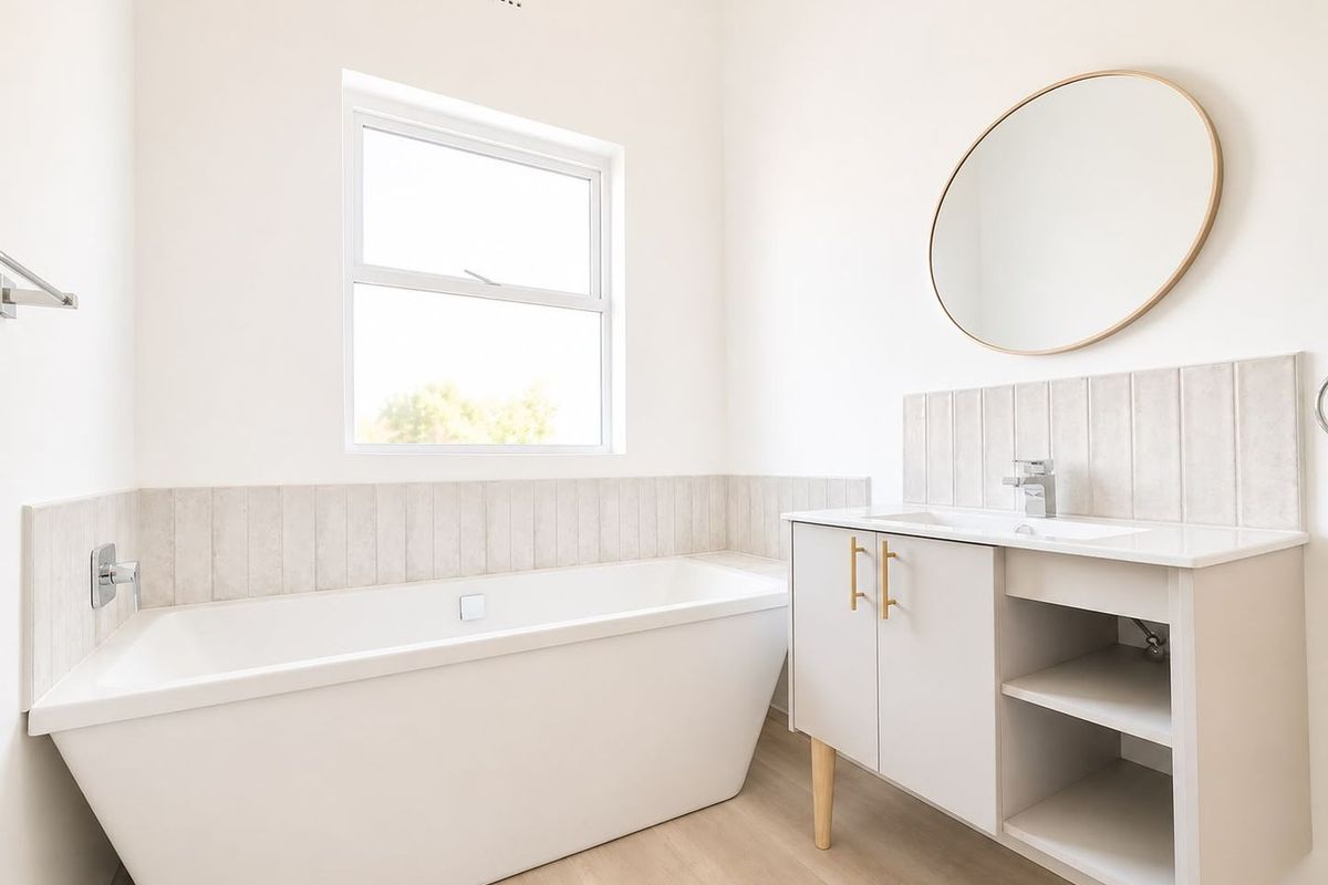 Modern, bright bathroom featuring a sleek freestanding bathtub, contemporary vanity with basin, and neutral tiled splashback finishes.